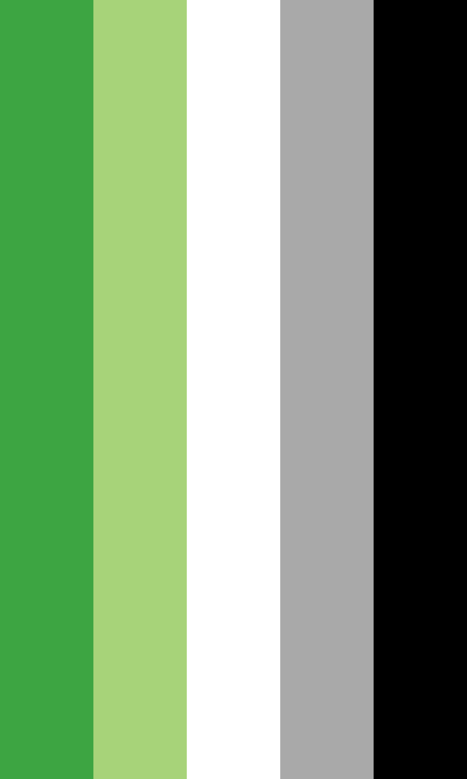 the aromantic or aro pride flag. five stripes in bright green, light green, white, gray, and black.